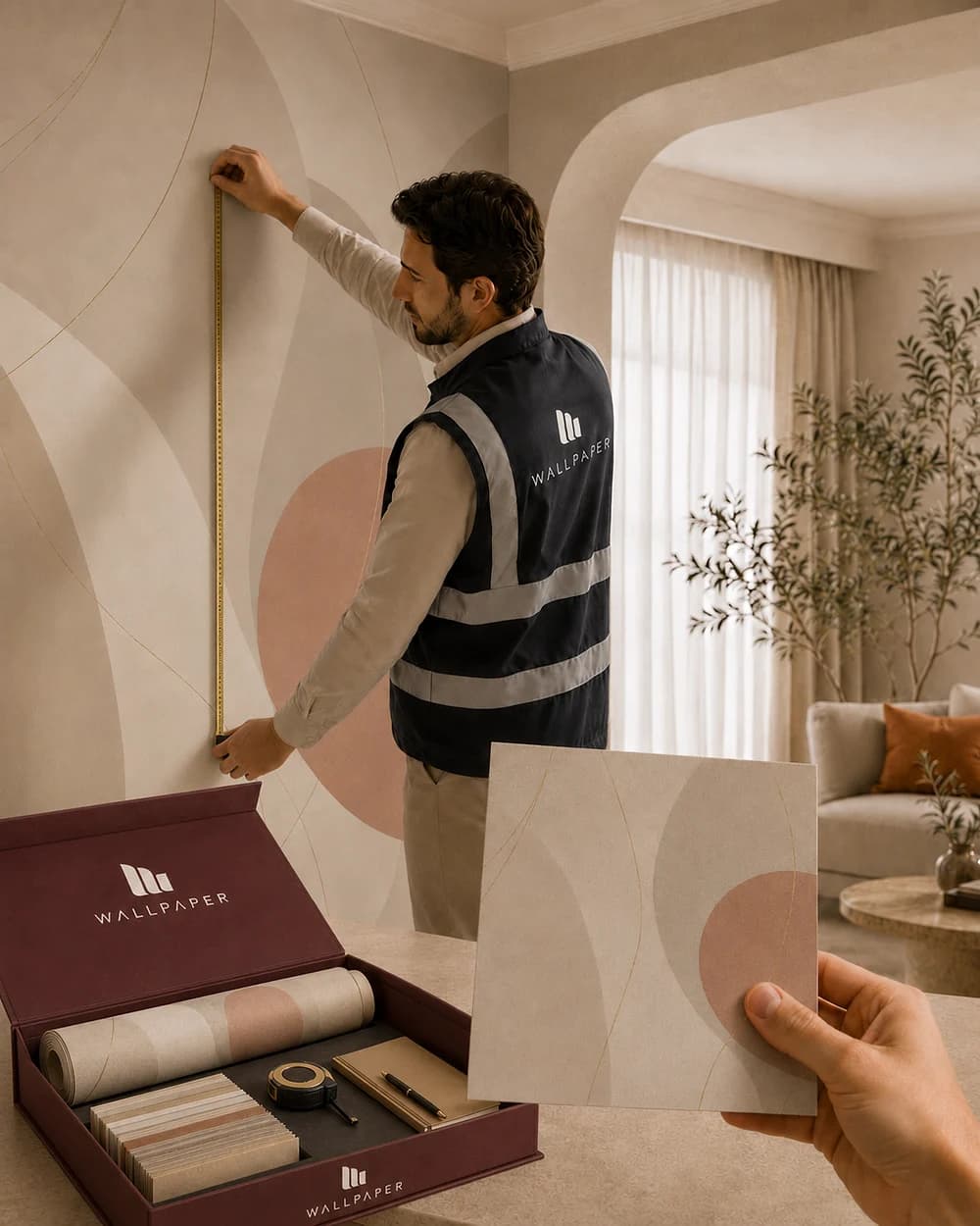 Technician measuring a wall before wallpaper installation