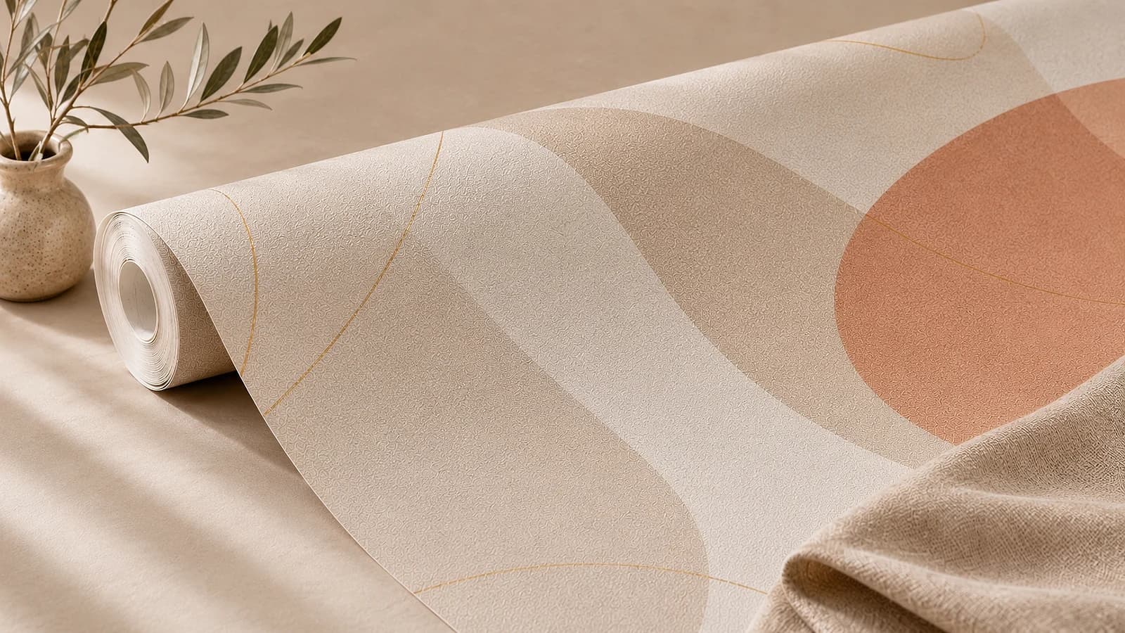 A premium wallpaper roll with a refined texture on a table
