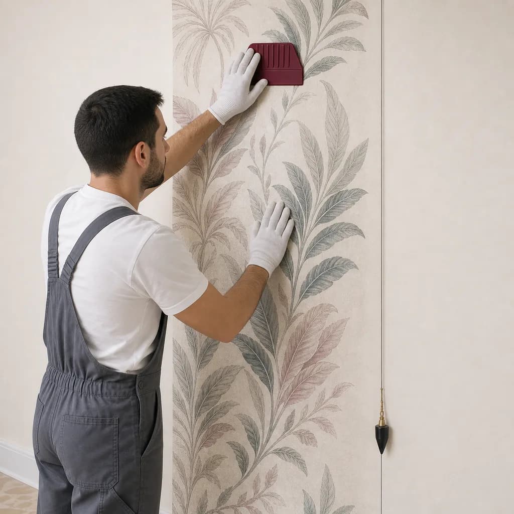 Hanging the first wallpaper drop on the guide line