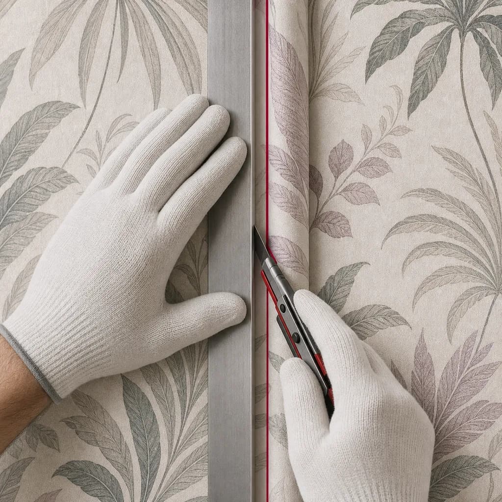 Double cutting wallpaper overlap with a straight edge and knife