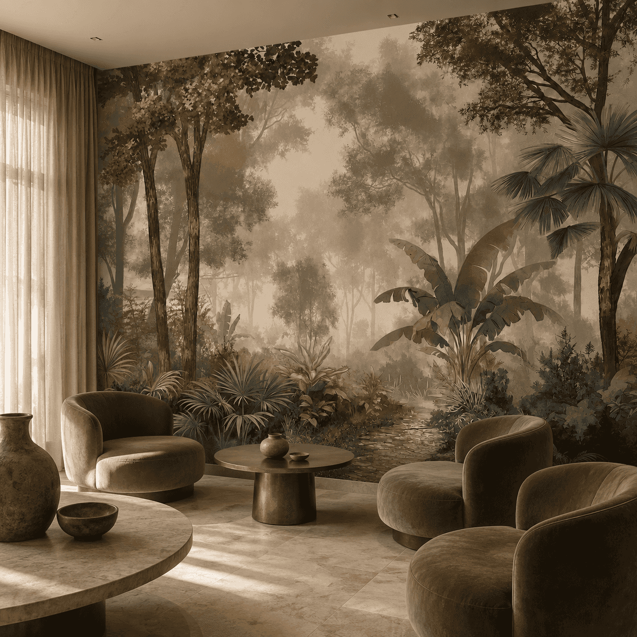 Sepia mist forest installed on a boutique lounge wall with olive seating and bronze accents