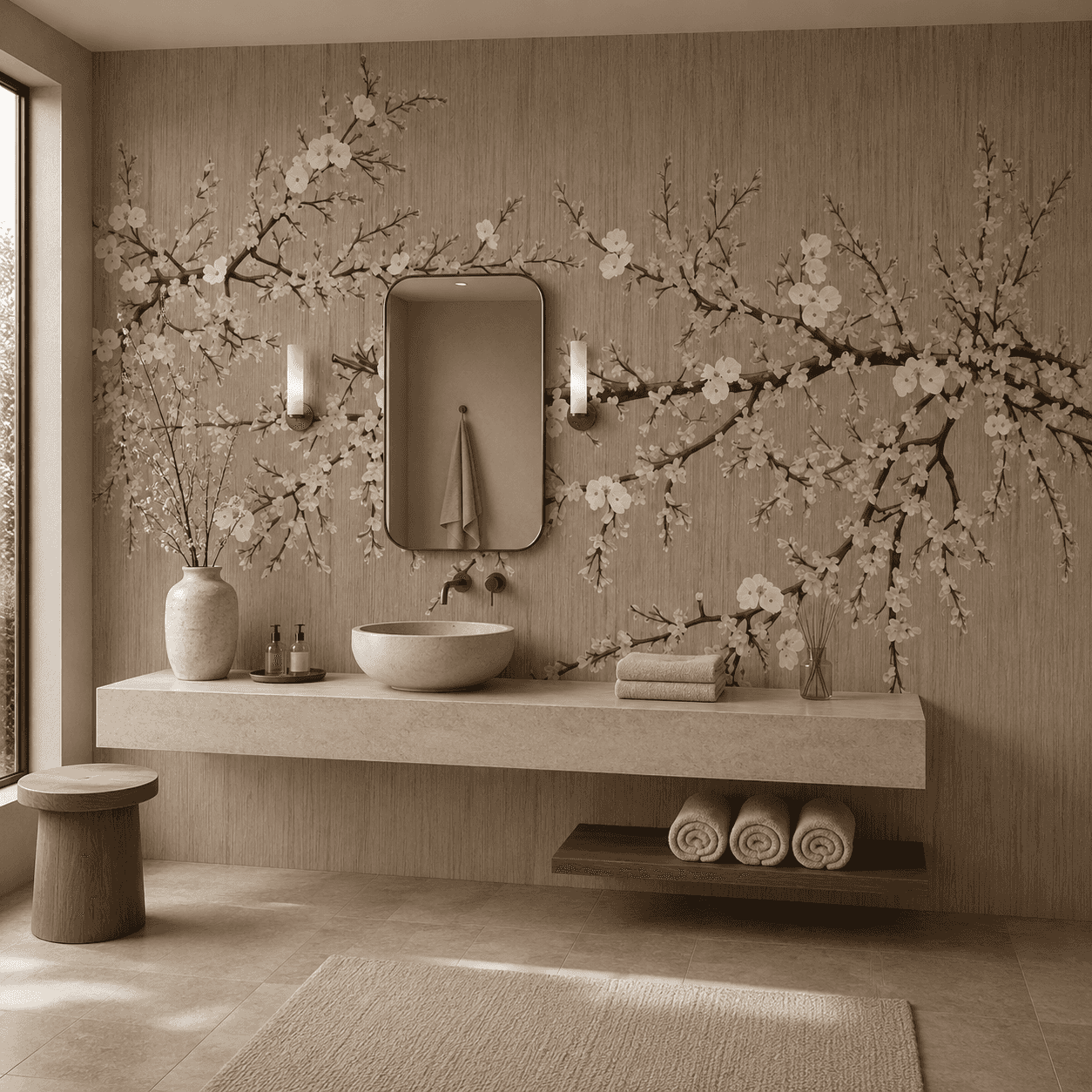 Quiet Blossom Branches above a stone vanity in a spa-like interior