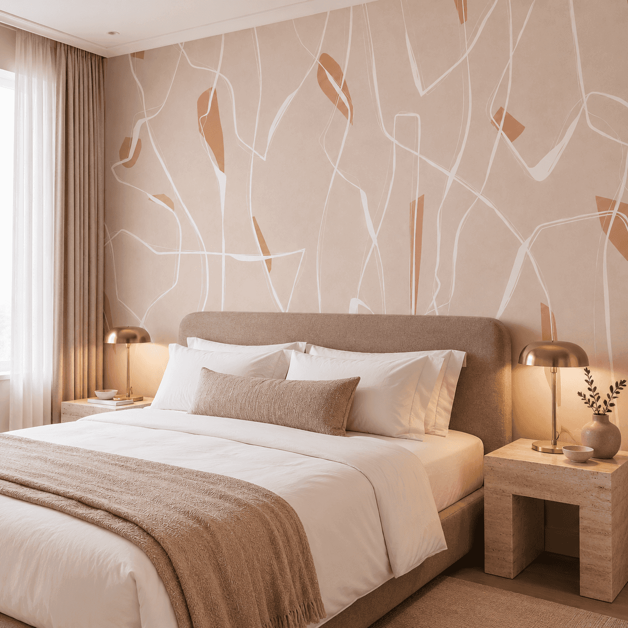 Blush beige abstract wallpaper behind a bed in a boutique bedroom