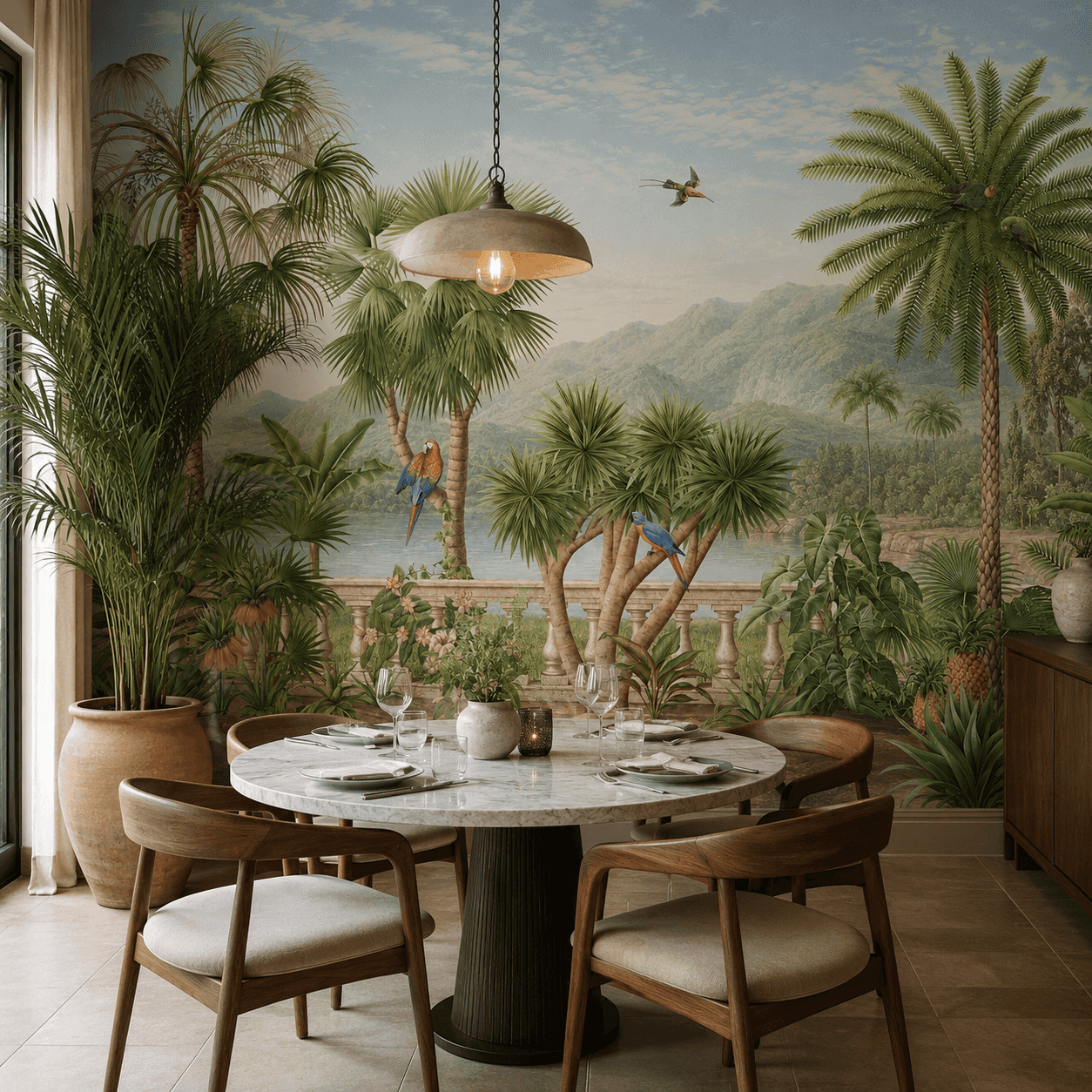 WB299 Tropical Palms and Parrots interior wallpaper mockup