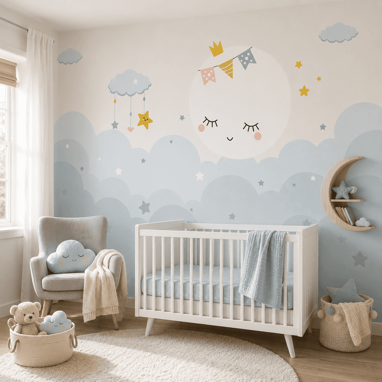 Sleeping Moon Clouds interior wallpaper mockup