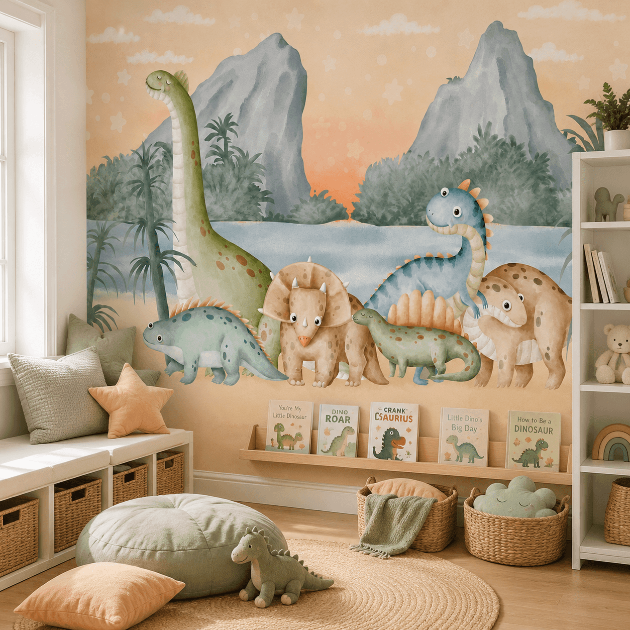Watercolor Dinosaur Kids interior wallpaper mockup