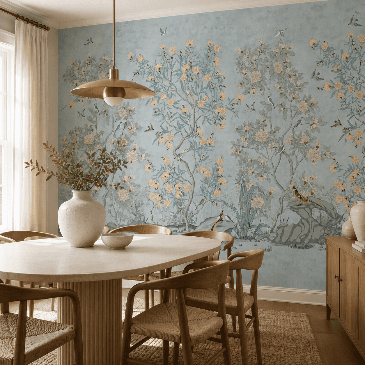 Blue Chinoiserie Floral Birds interior wallpaper mockup