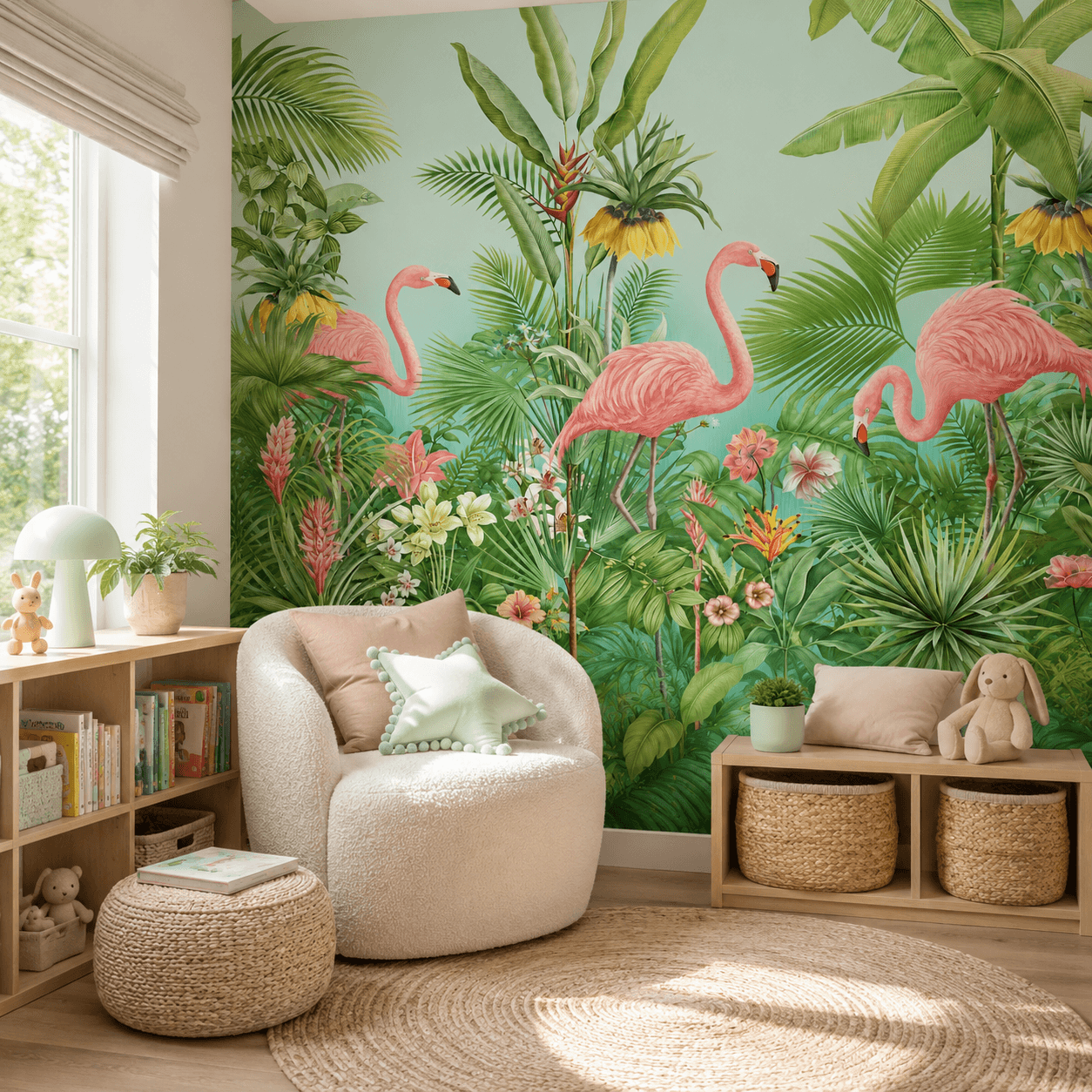 Tropical flamingo mural in a kids reading nook