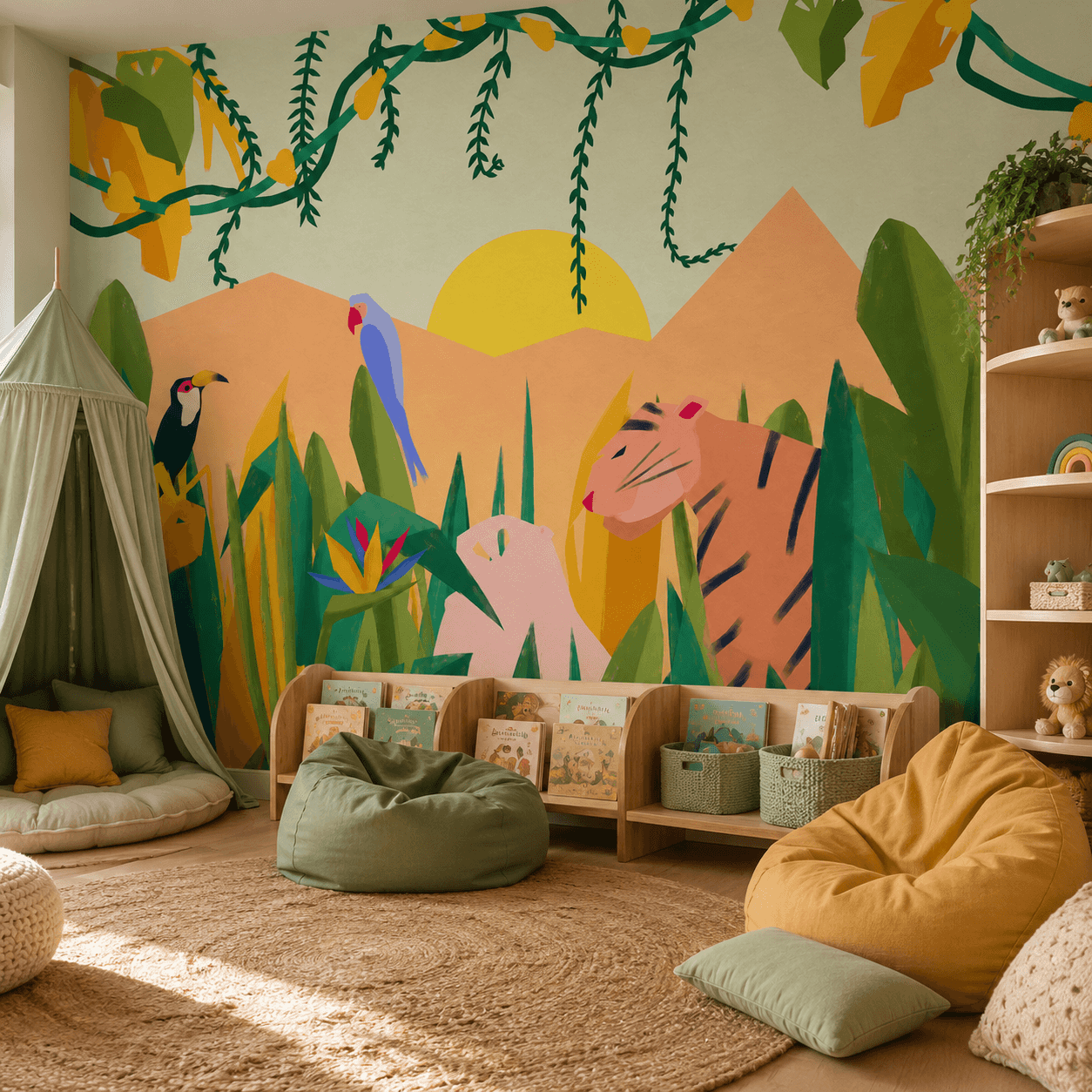 Playful Tropical Jungle Kids interior wallpaper mockup