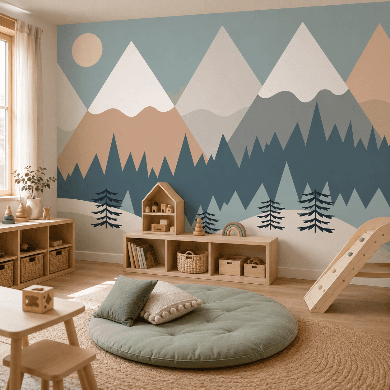 Pastel Snowy Mountains Kids interior wallpaper mockup