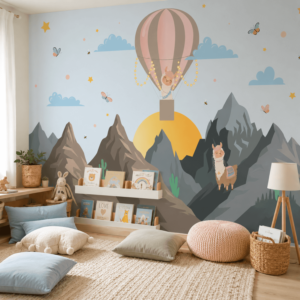 Llama Balloon Mountain interior wallpaper mockup