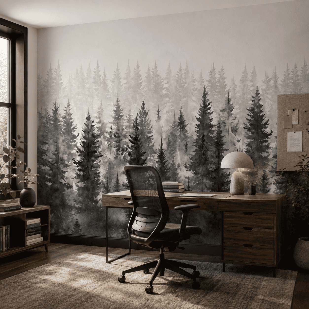 Misty Grayscale Pine Forest interior wallpaper mockup