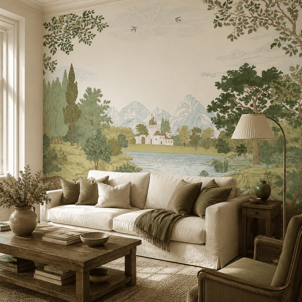 Classic Lake Castle interior wallpaper mockup