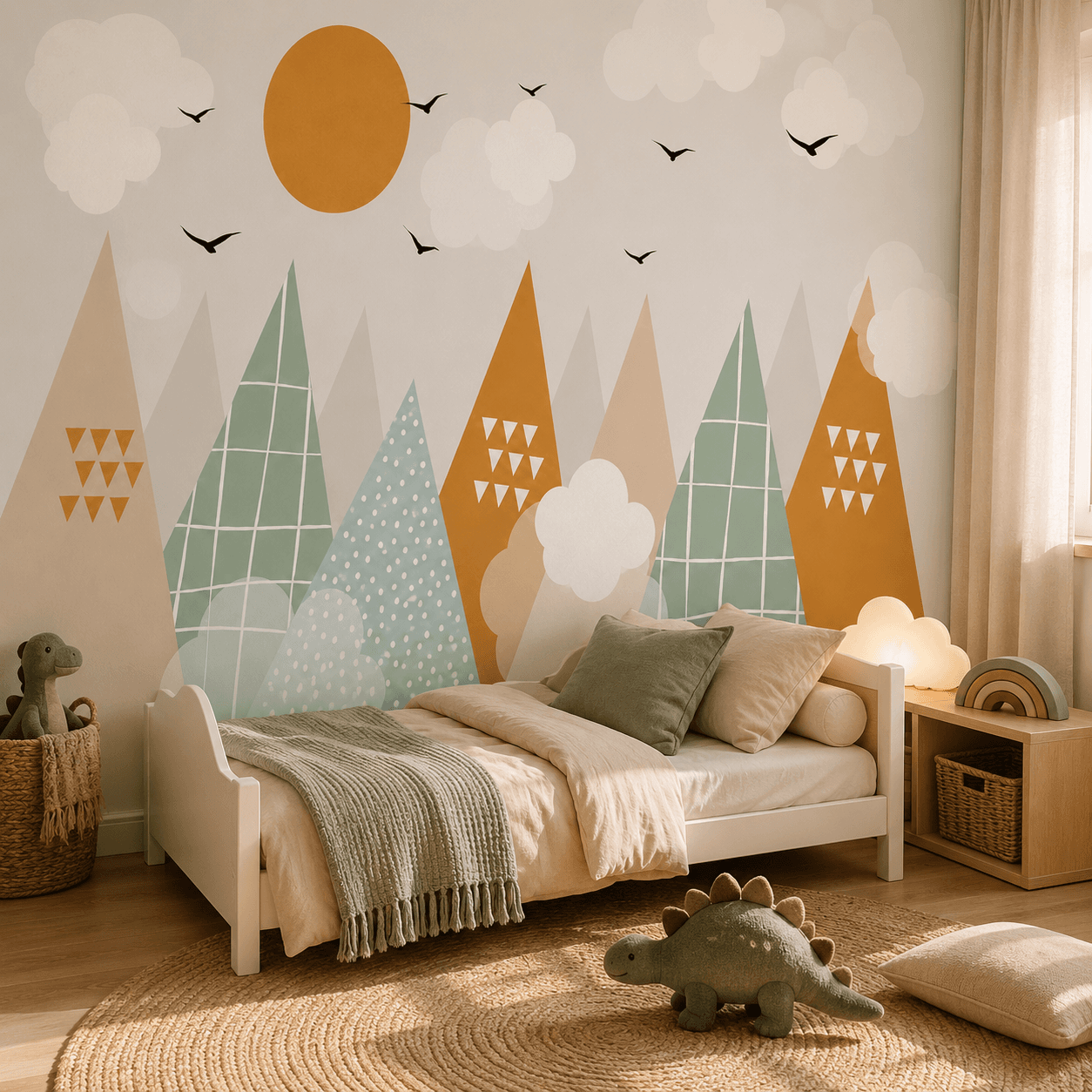 Little Sun Mountains wallpaper behind a toddler bed with warm colors