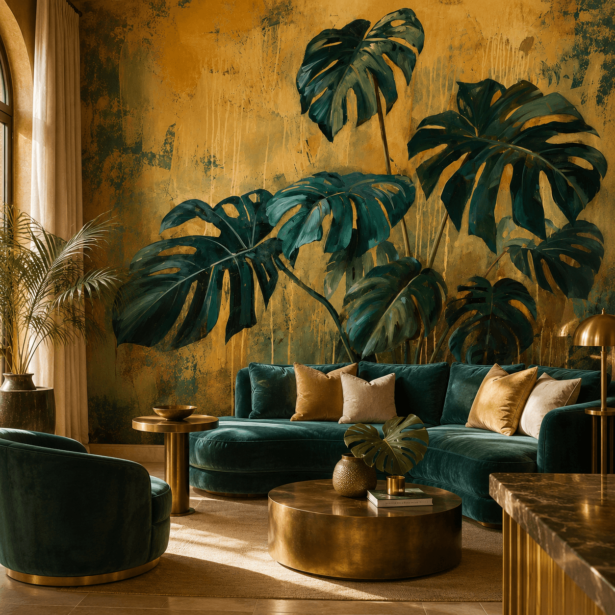 Gold Teal Monstera in a luxury lounge with teal seating