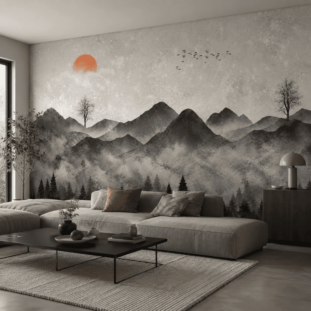 Misty Gray Mountain interior wallpaper mockup