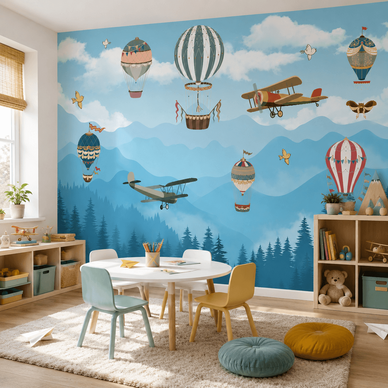 Hot air balloon kids wallpaper behind a wooden crib