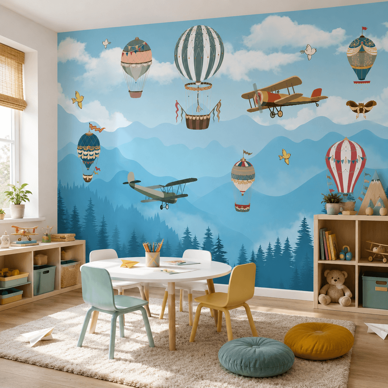 Hot air balloon kids wallpaper behind a wooden crib