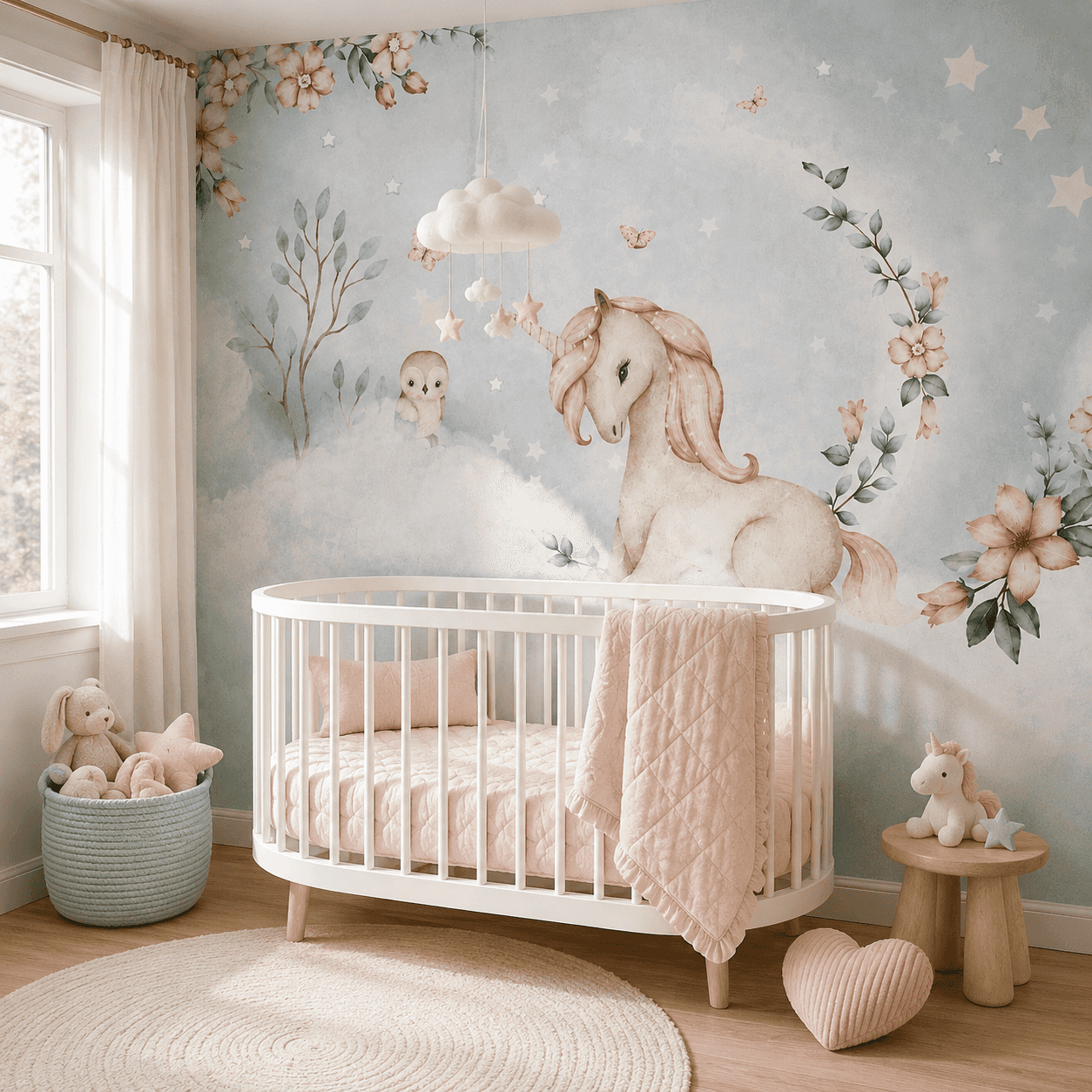 Design preview of unicorn wallpaper with clouds and flowers