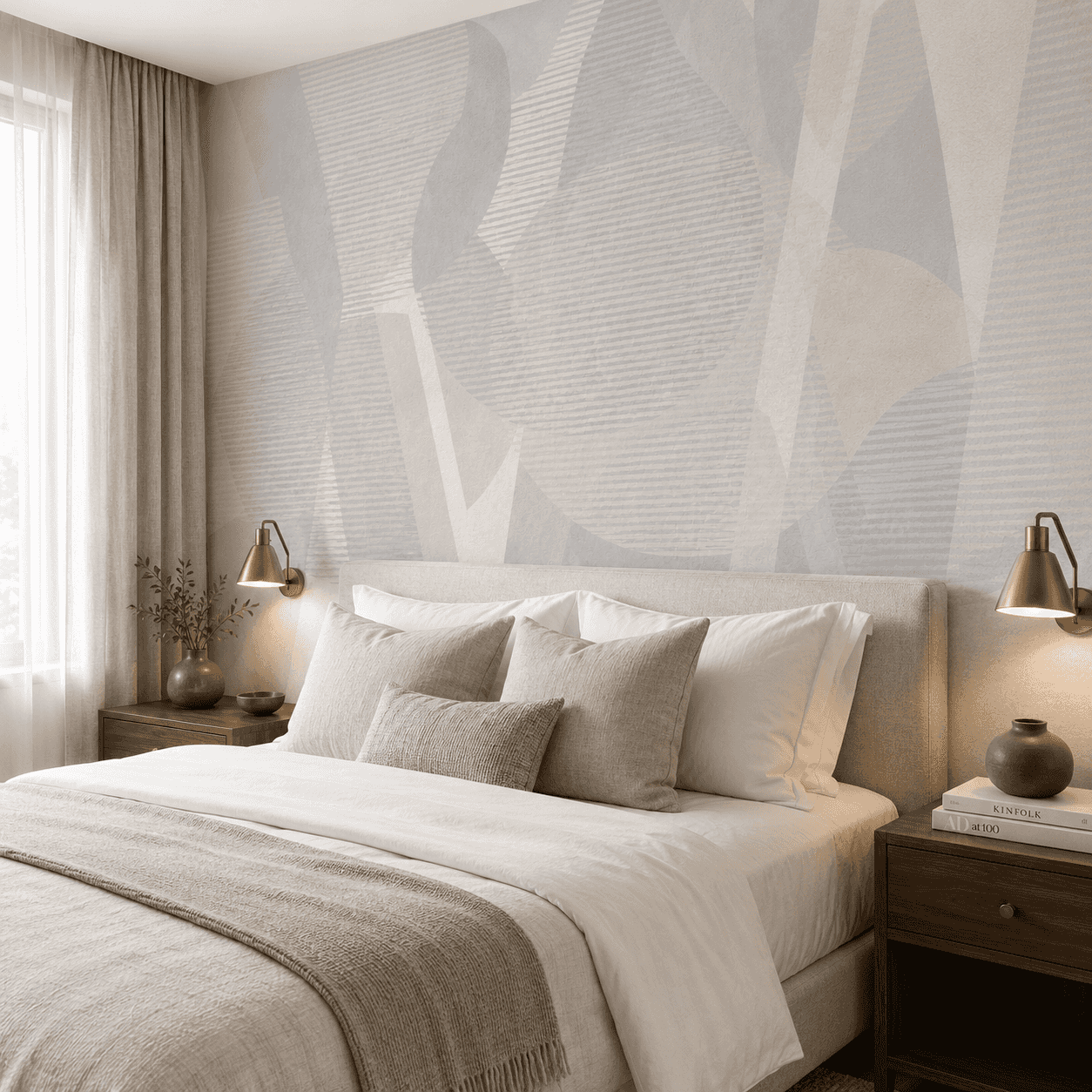 Grey Beige Abstract Geometric Wallpaper - room mockup 2