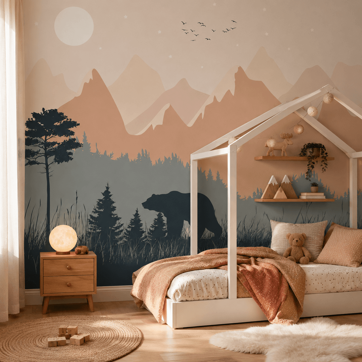 Pastel mountain bear wallpaper behind a toddler bed