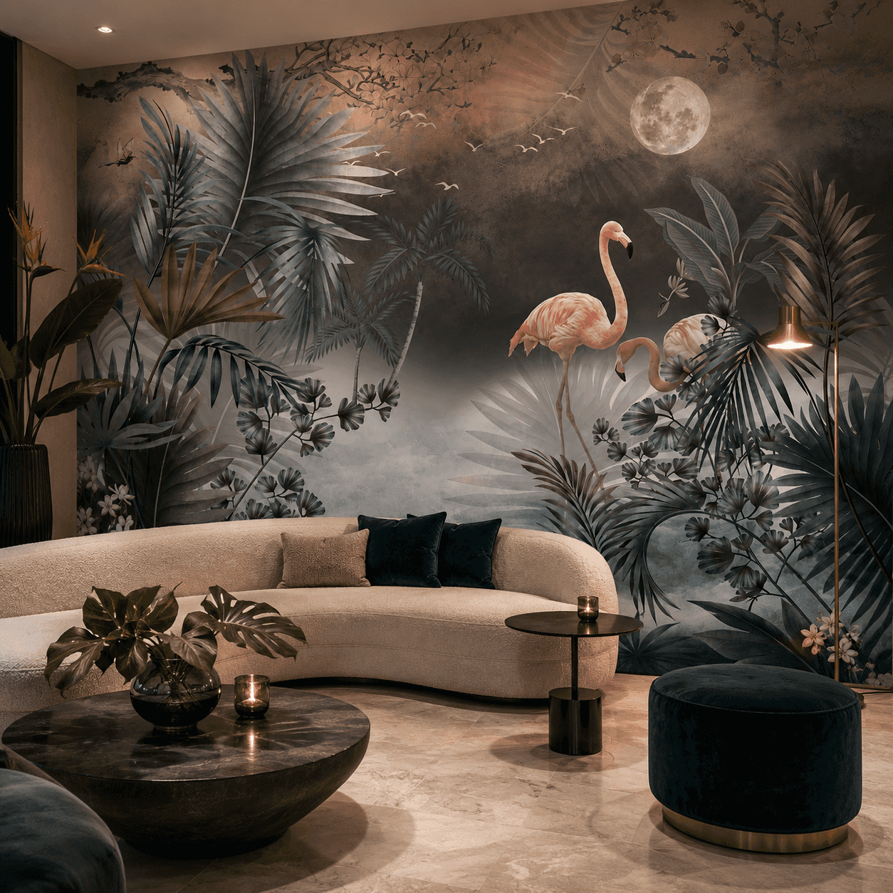 Tropical flamingo wallpaper mural in a luxury hotel lounge