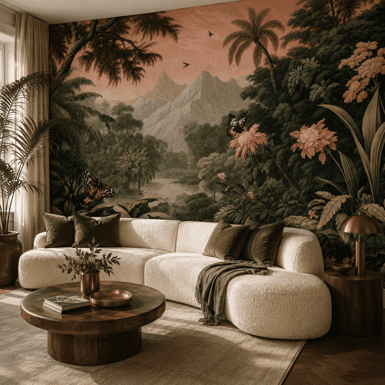 Tropical mountain mural wallpaper behind a contemporary sofa
