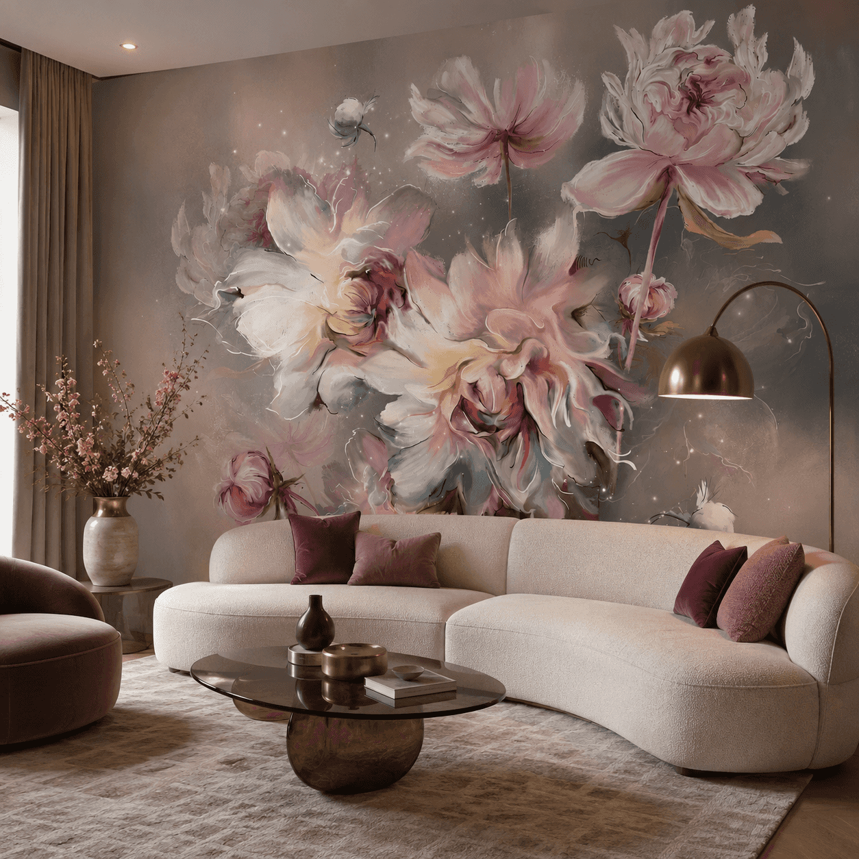 Pink floral mural in a salon with a cream sofa