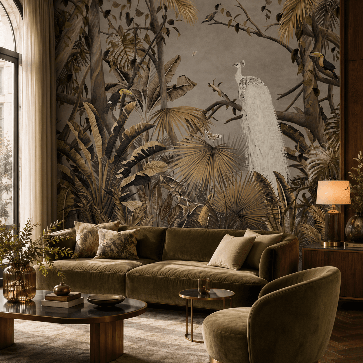 White peacock wallpaper in a luxury lounge with olive and gold styling