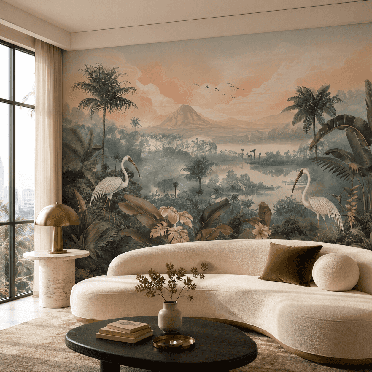 Tropical landscape mural behind a cream sofa in a living room
