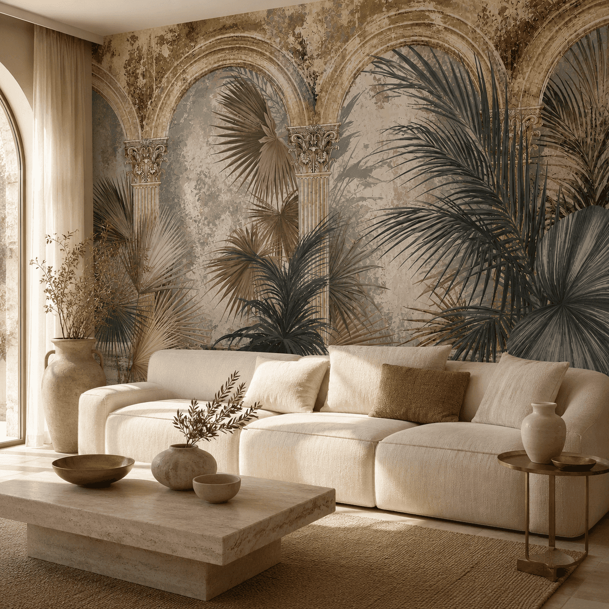 Classical arches and palm wallpaper in a calm living room
