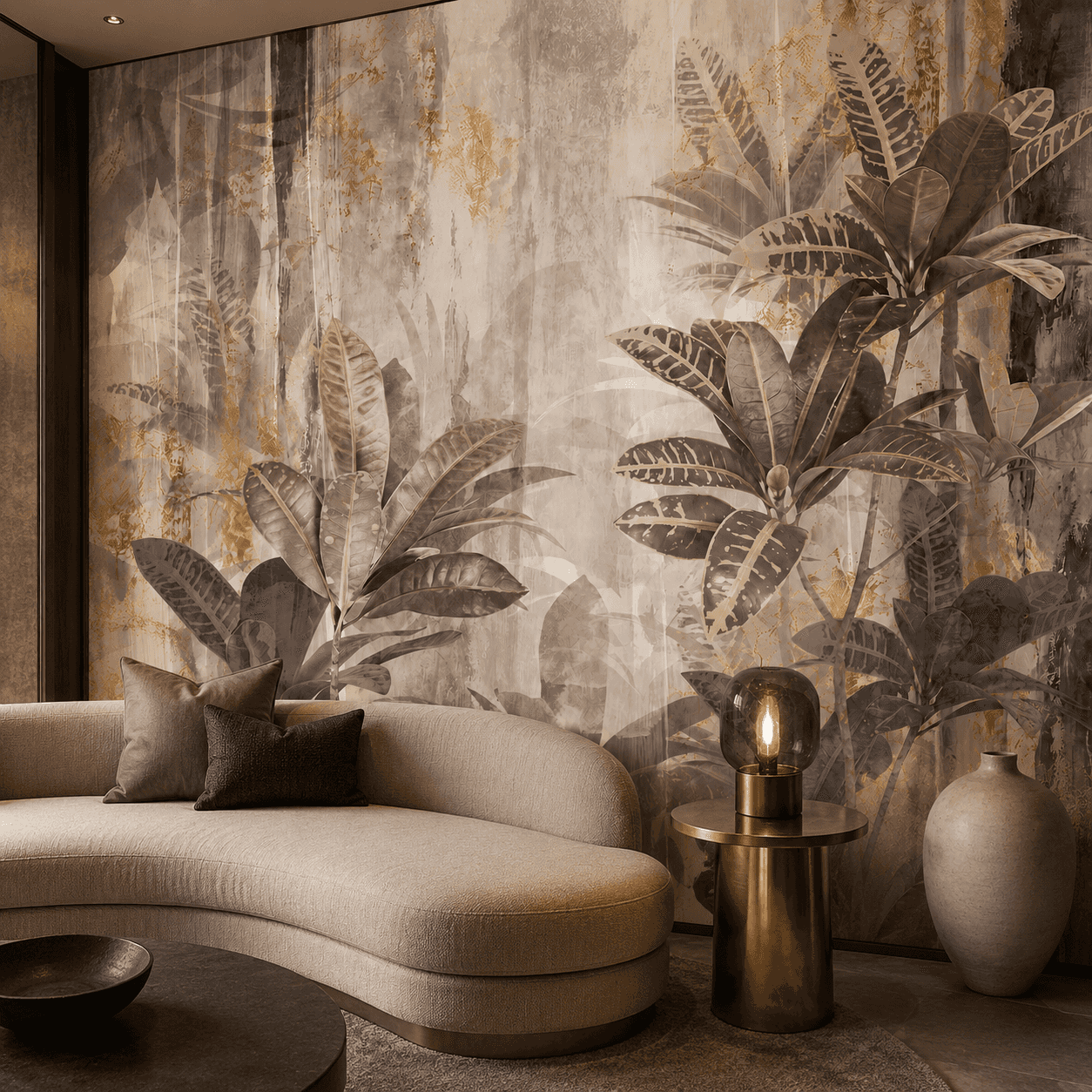 Grey gold botanical wallpaper behind a wooden bed