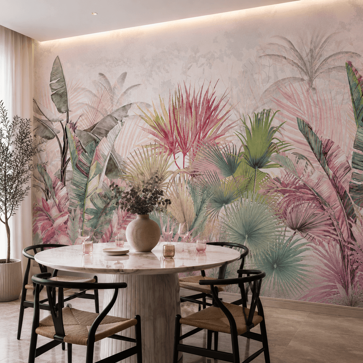 Pink tropical botanical wallpaper behind a wooden dining table