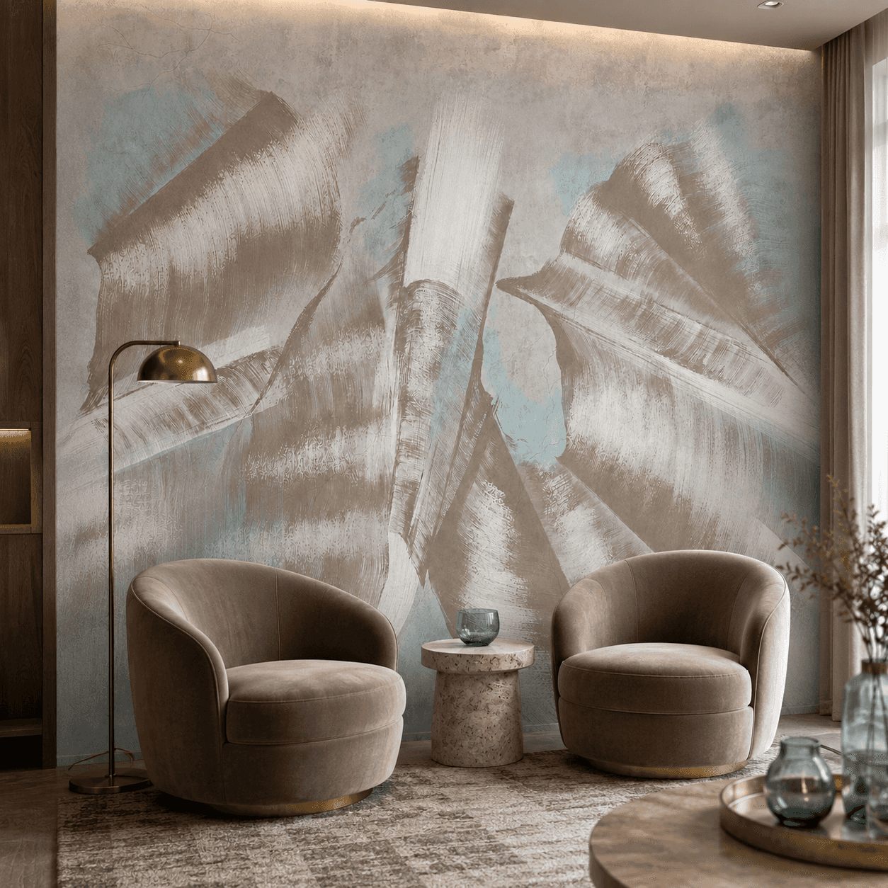 ورق حائط أوراق كبيرة رمادي وتوب في ركن lounge راقي