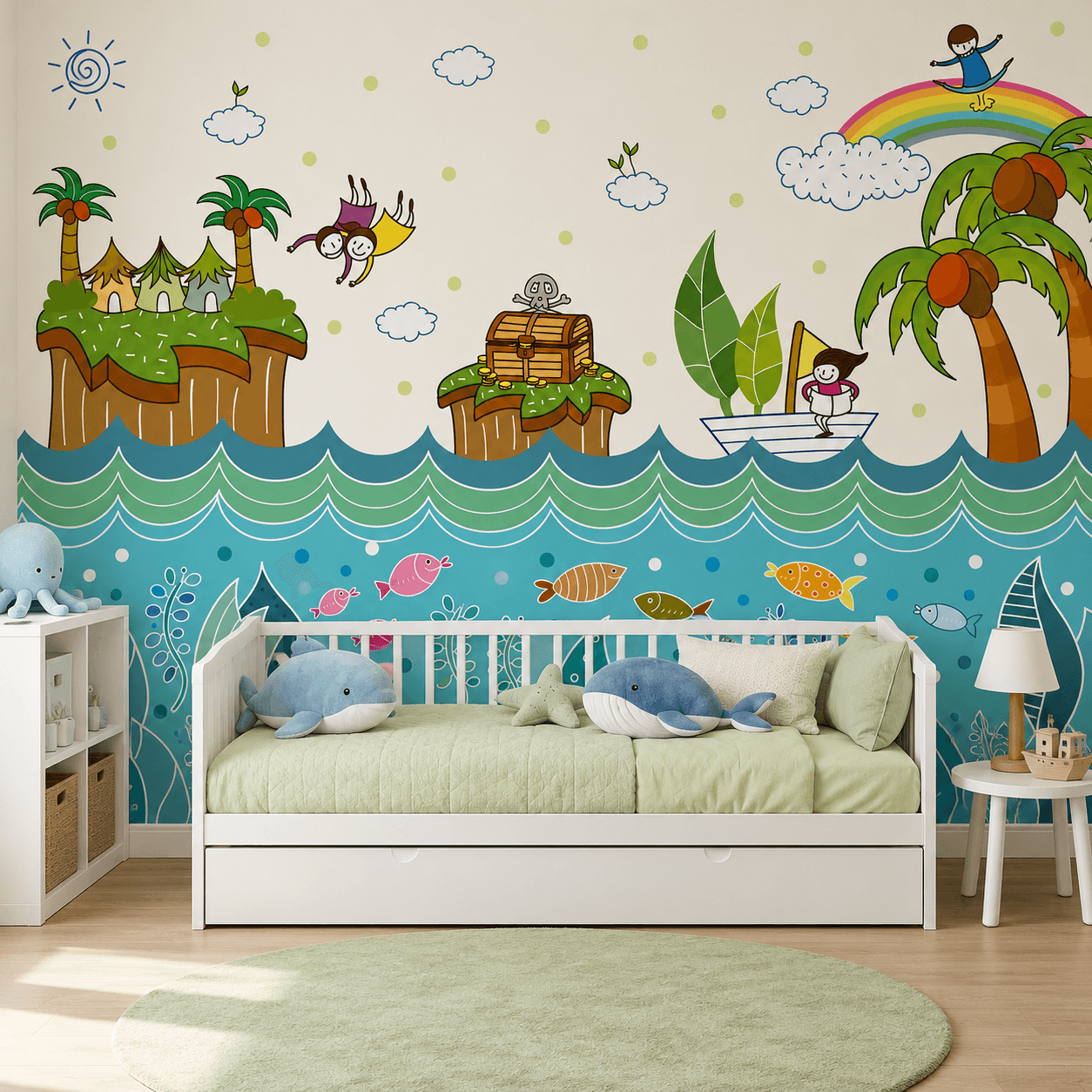 Kids sea adventure wallpaper behind a white bed in a bright room