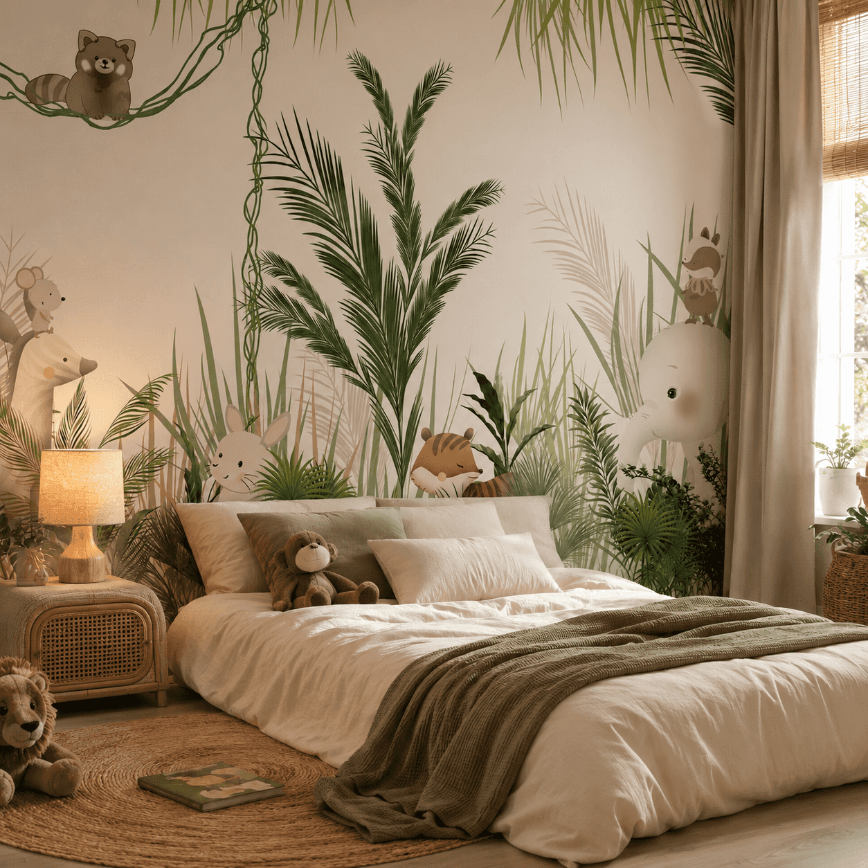 Soft jungle wallpaper behind a child's bed with warm lighting